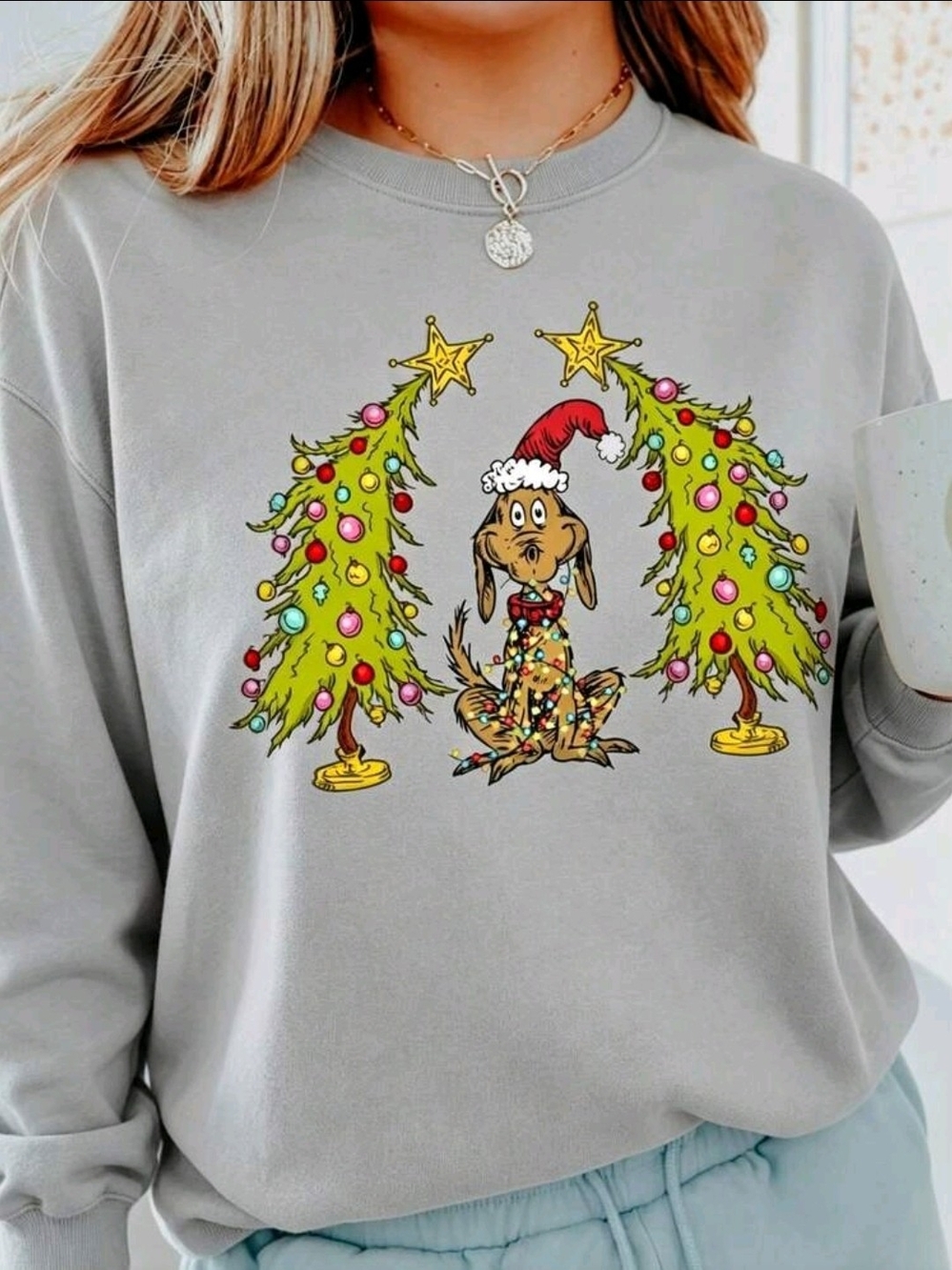 Women's Light Gray Holiday Dog Graphic Sweatshirt Christmas Sweater